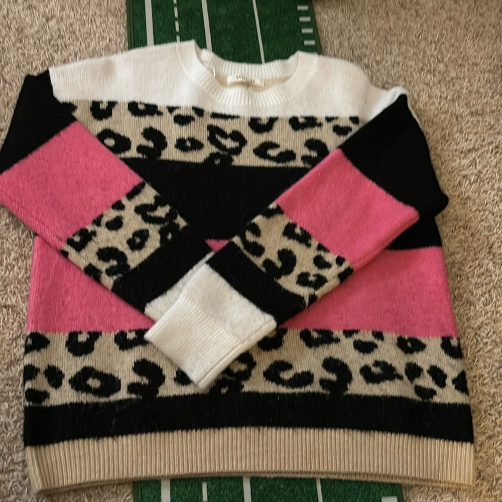 pink, white, black and cheetah print sweater, S/M